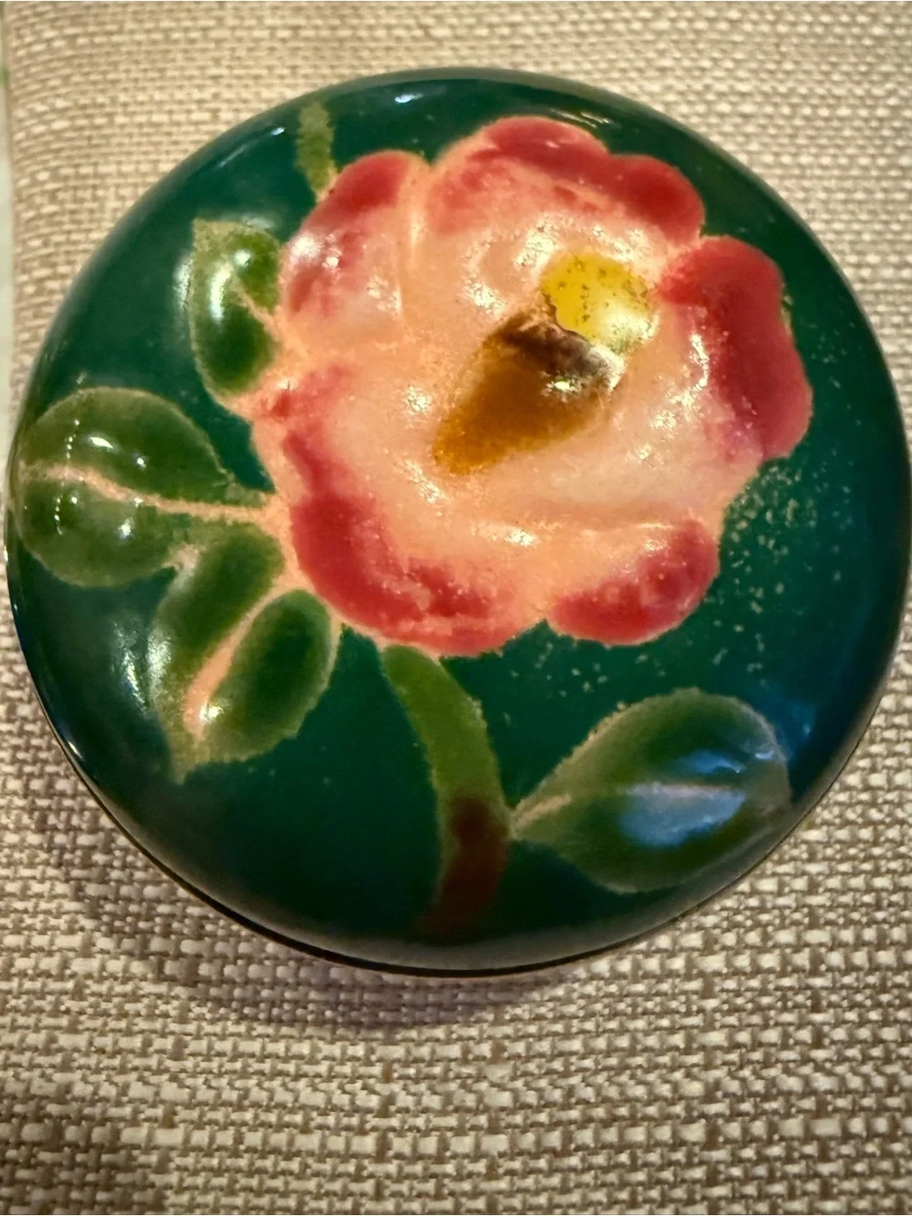 Vintage Mid Century Champleve Enamel Brass Trinket Box - Velvet Lined